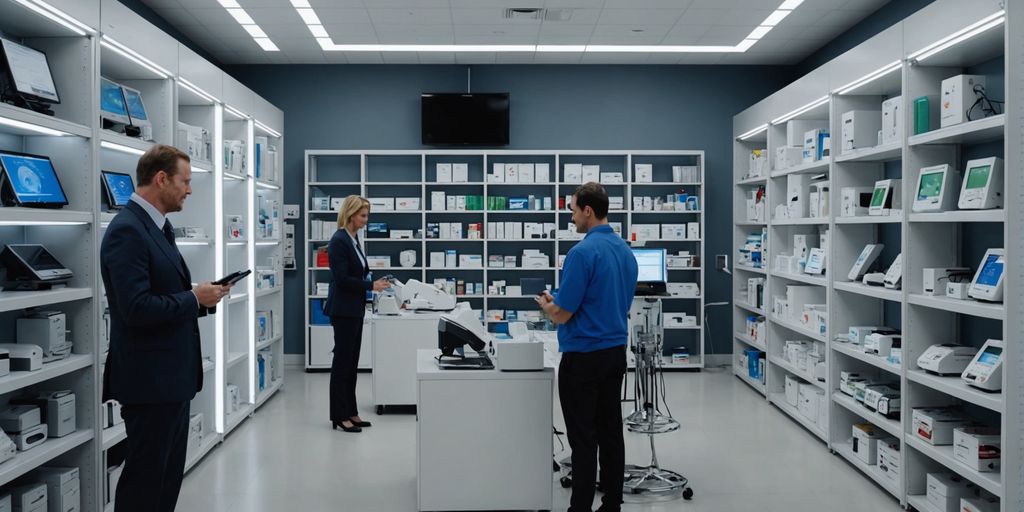 Medical equipment showroom with salesperson and customer