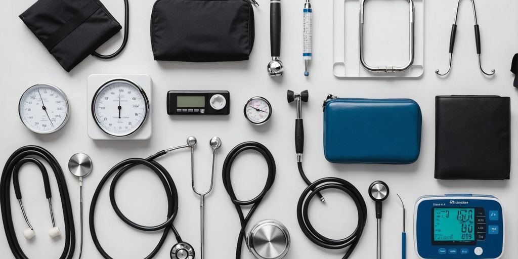 Various medical equipment on a white surface.