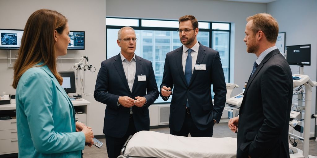 Salesperson showing medical equipment to healthcare professionals.