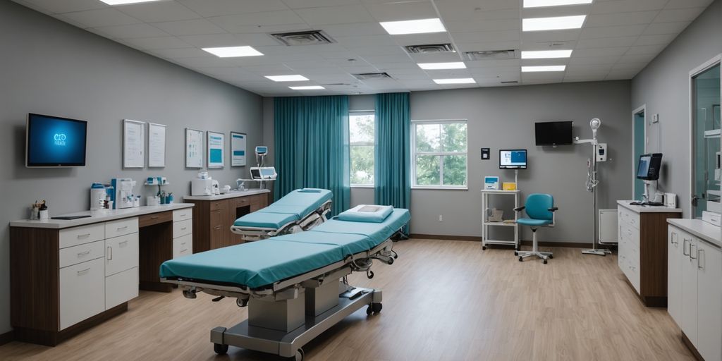 Healthcare facility with professionals and patients.