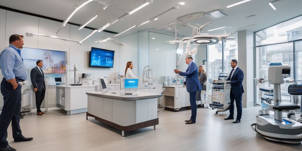 Salesperson with medical equipment in showroom