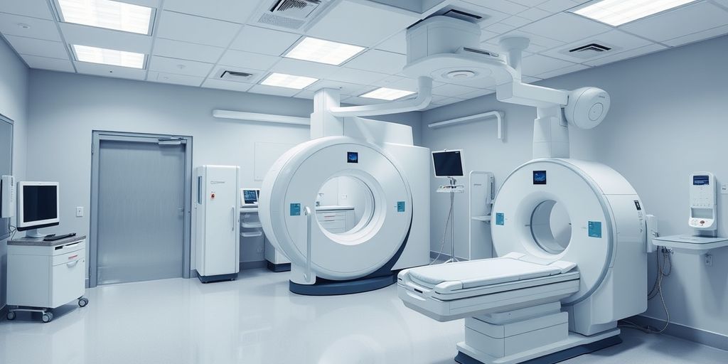 Advanced imaging equipment in a modern hospital room.