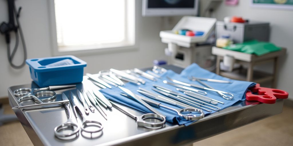Assorted surgical instruments on a stainless steel table.