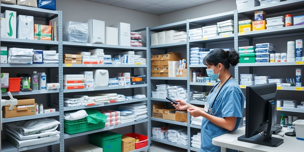 Nurse scanning medical supplies in organized hospital storage room.