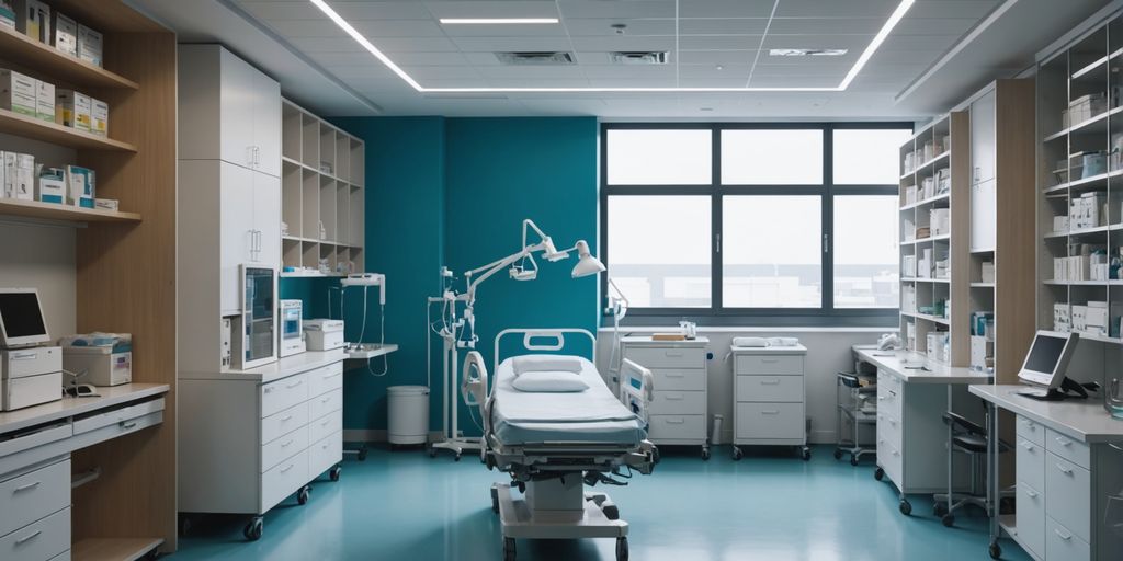 Modern hospital room with medical supplies