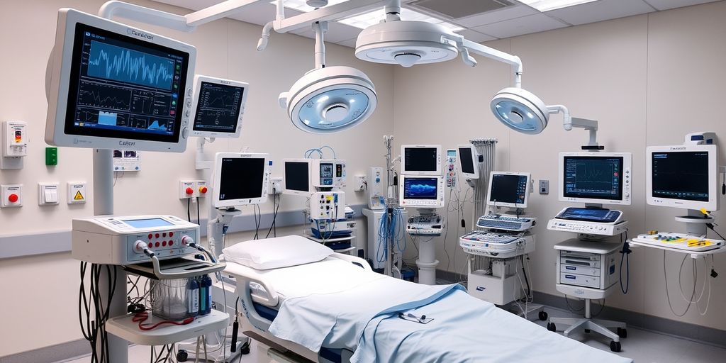 Modern hospital room with advanced medical equipment.