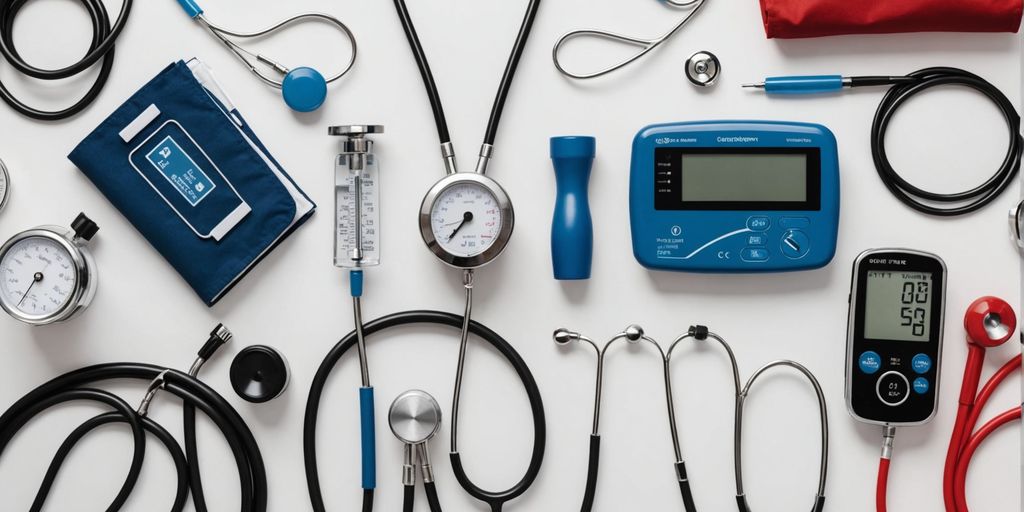 Various essential clinical equipment on white background.