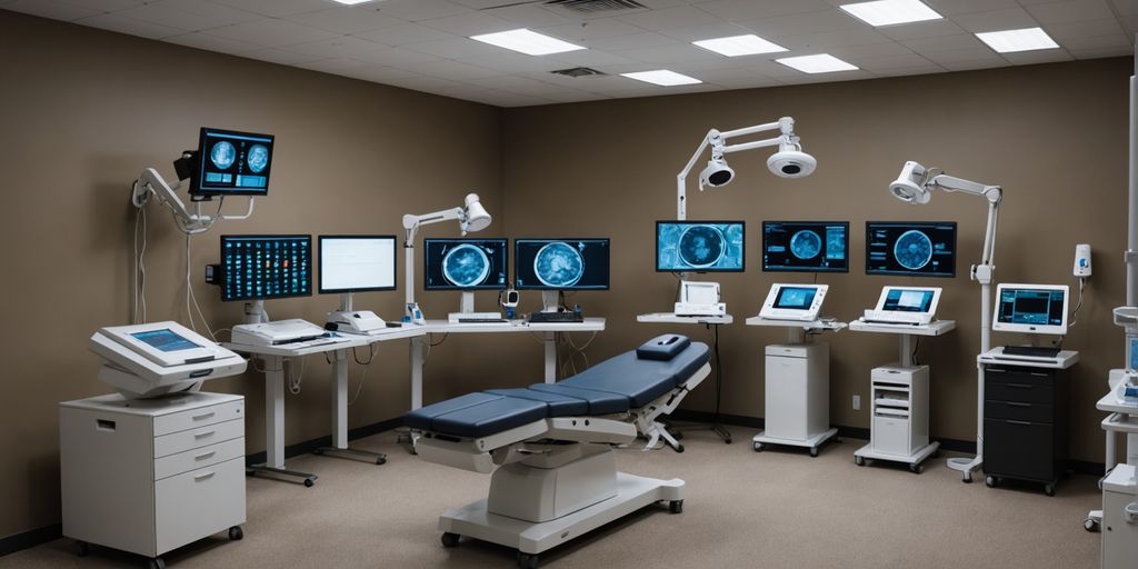 Medical equipment showroom with various devices on display.