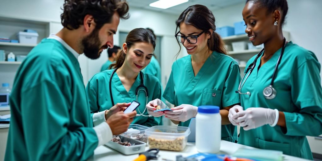 Healthcare professionals with medical supplies in a clinic.