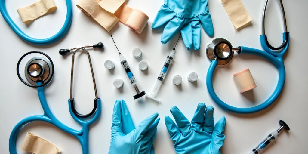 Essential medical supplies on a white surface.
