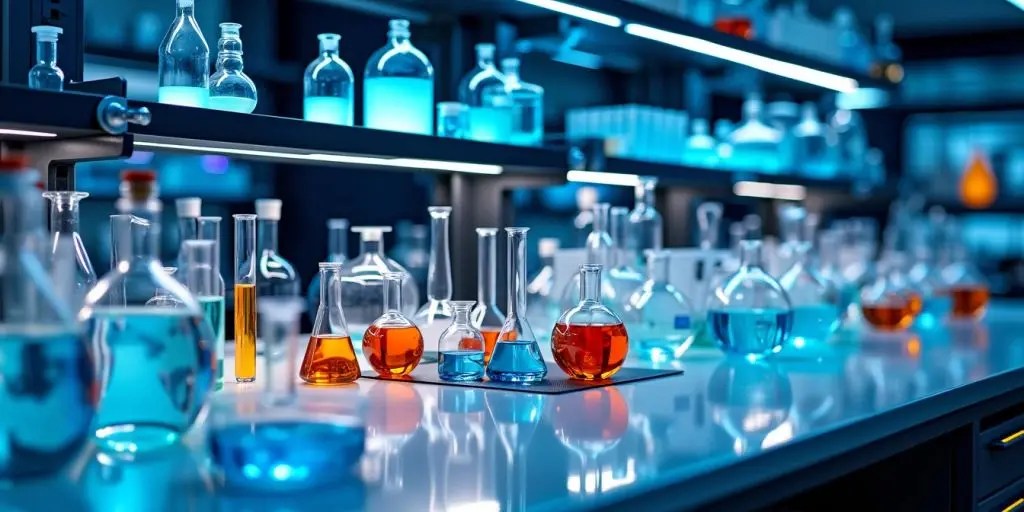 Modern lab with advanced scientific equipment and bright lighting.