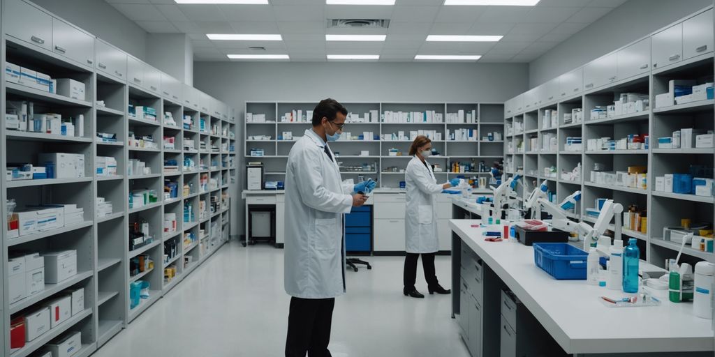 Researchers in lab with medical supplies