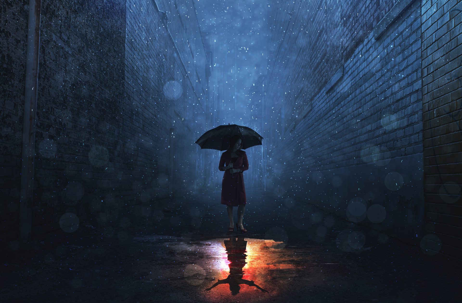 A woman in a rain storm has a sunny reflection.