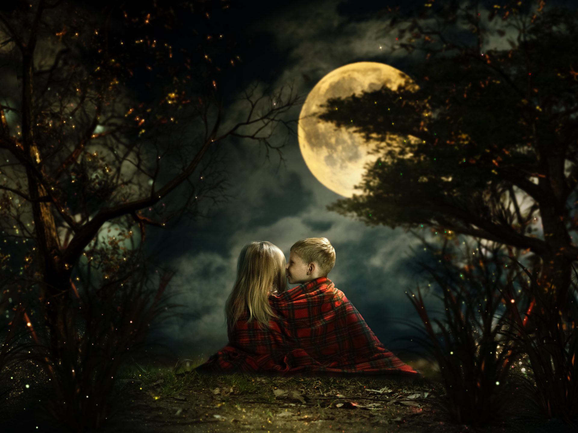 Children whispering in the fairy magic forest. Big moon, night, little boy and girl. Picture - a fairy tale for children