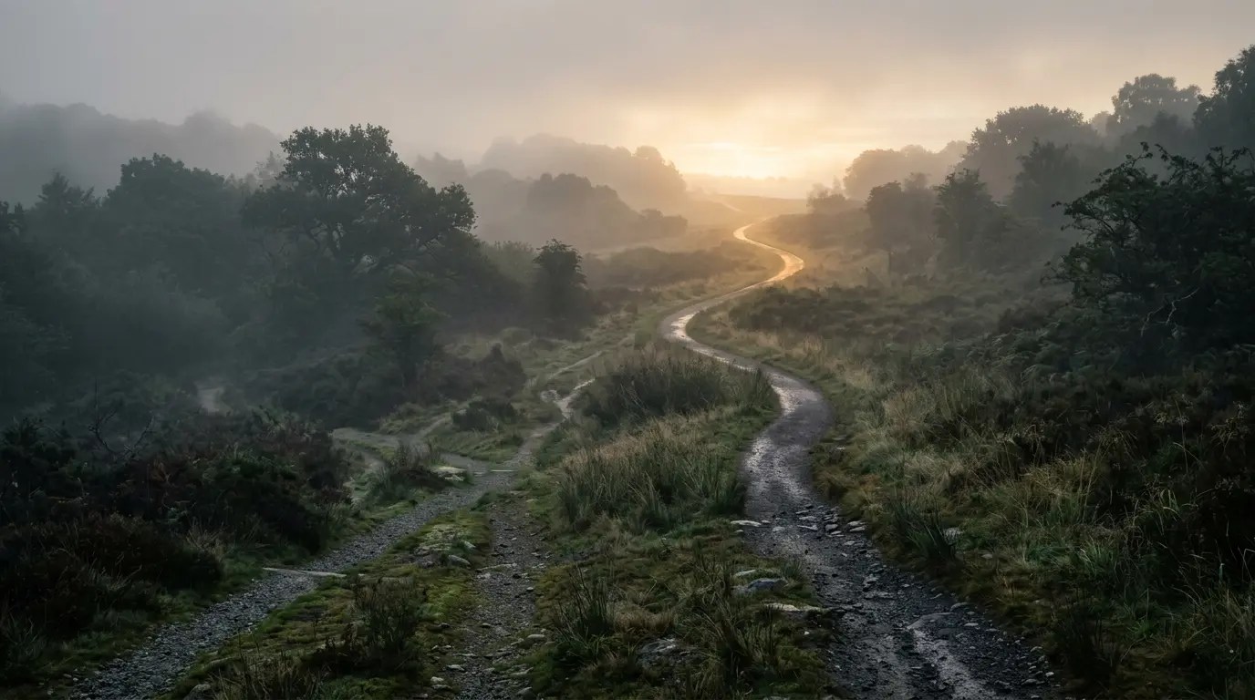 Winding pathways emerging through morning mist, symbolising psychological clarity, complexity, decision-making, and the restoration of coherence.