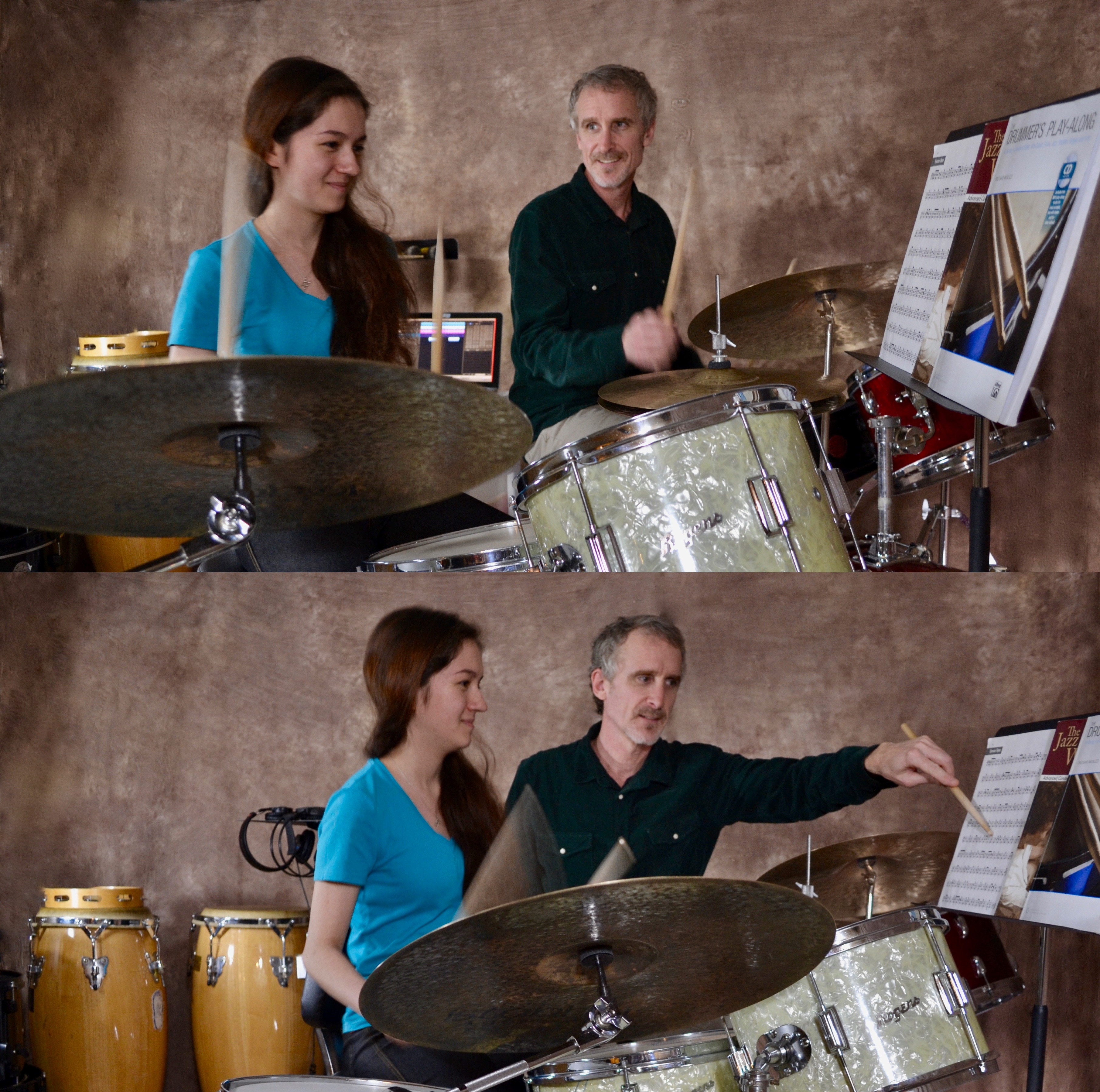 Teacher and student playing drums
