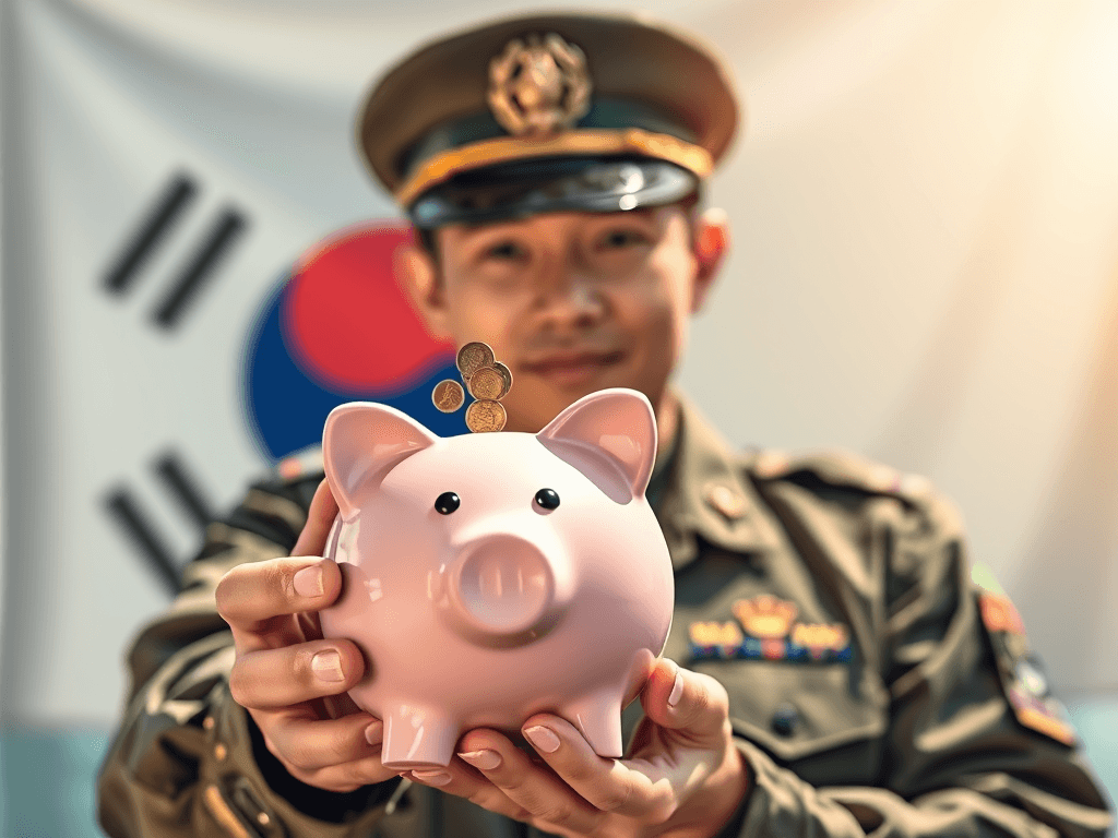 군인 복장과 돼지 저금통이 함께 있는 모습.