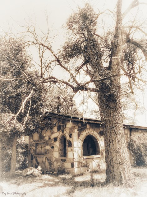 Stone outbuilding at the Shaffer Hotel in Mountainair, New Mexico.