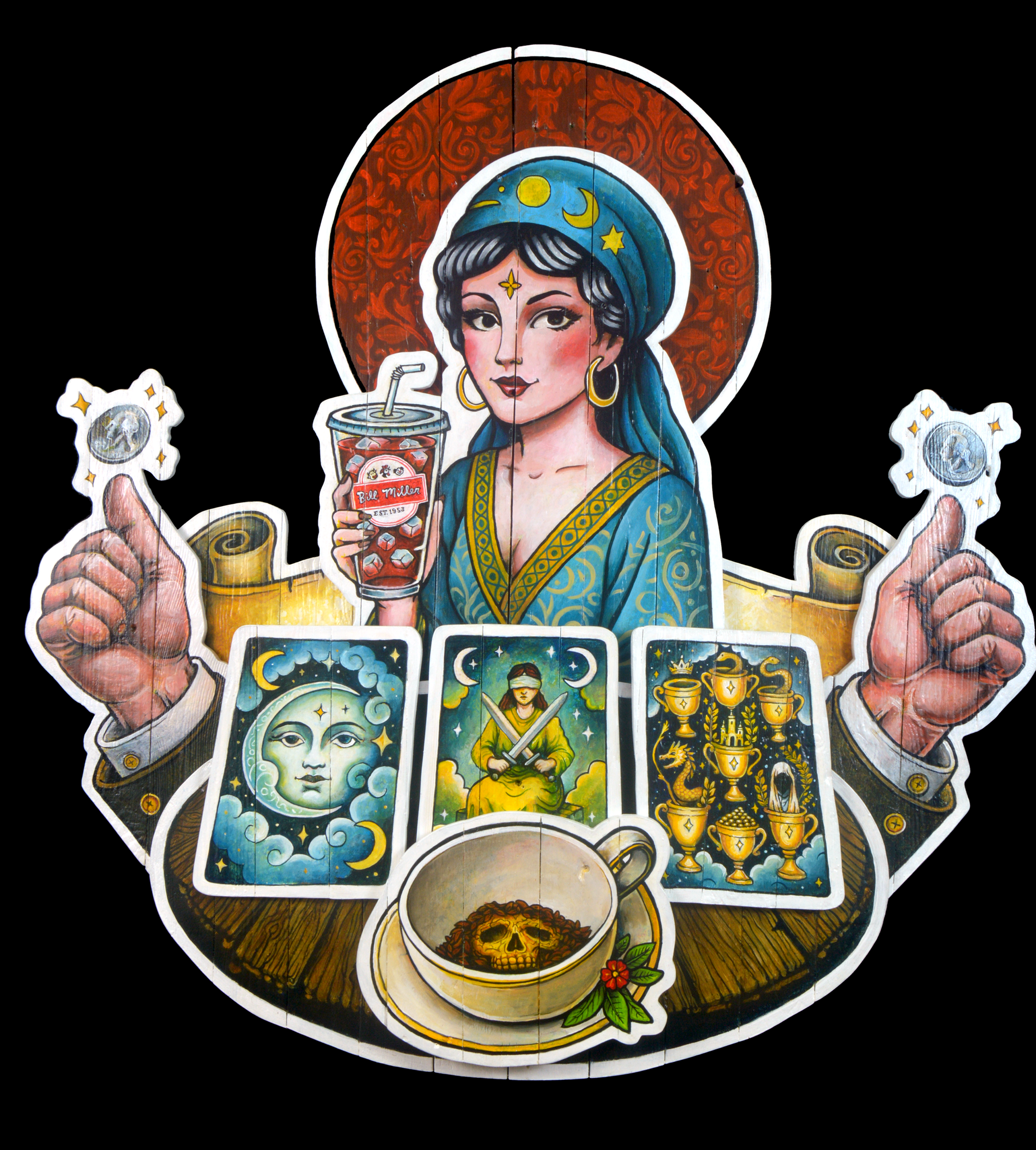 Iced Uncertain Tea painting with imagery that are meant to help remove doubt through luck, chance, and prediction...with a fortune teller enjoying a large cup of San Antonio's favorite Bill Miller Ice Tea.