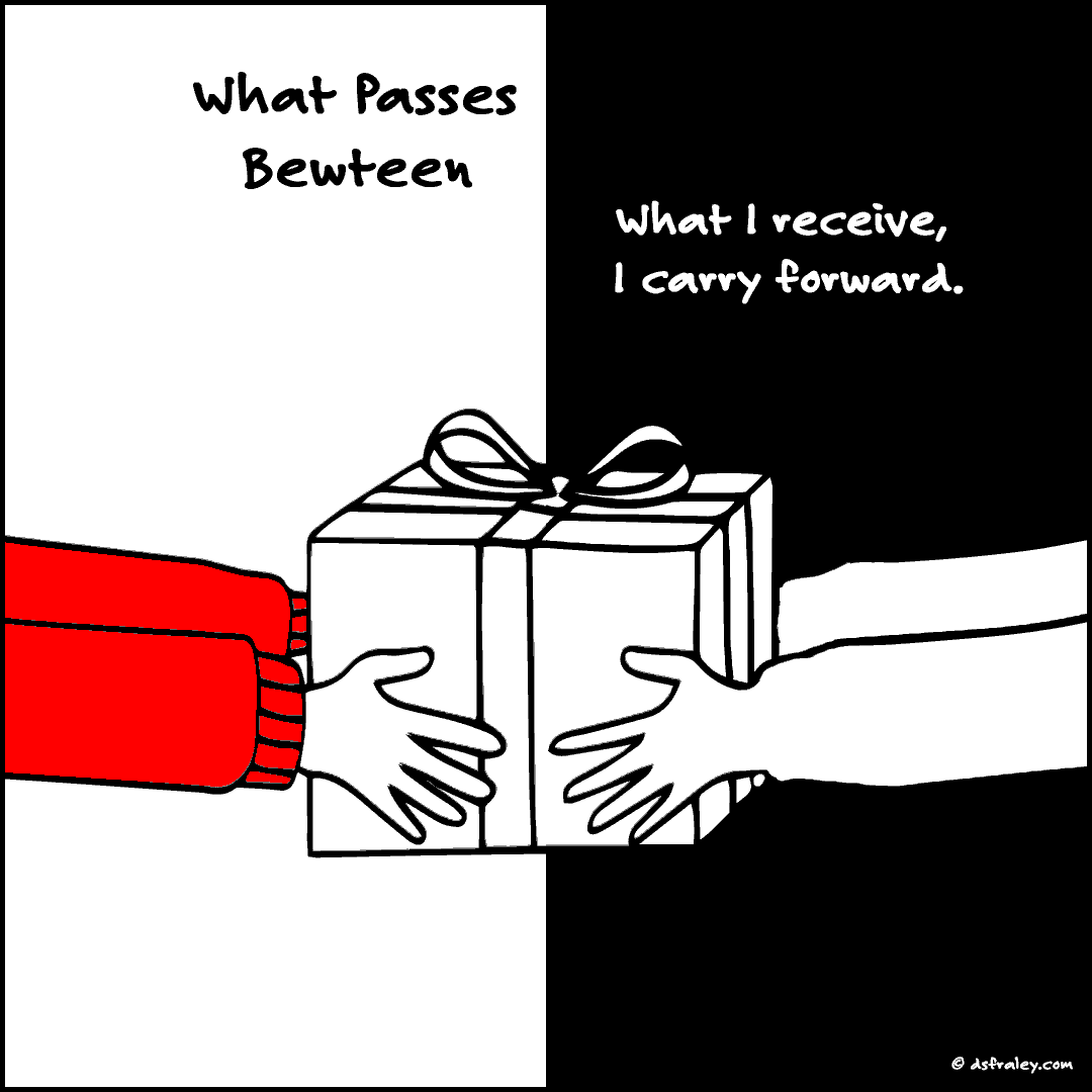 Two sets of hands exchange a wrapped gift across black and white spaces, with the words “What I receive, I carry forward.