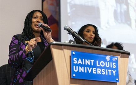 Saint Louis University President Dr. Karen Davis Addresses Attendees at the University’s Black History Month Celebration.