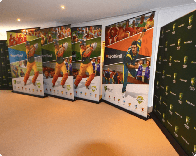 Branded exhibition display panels in a trade show setting