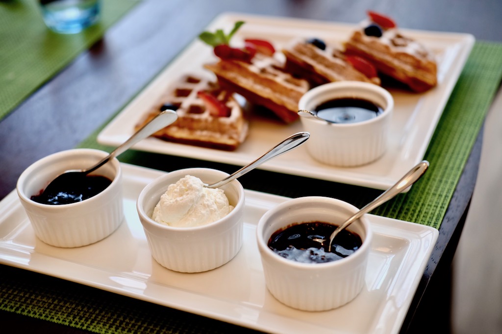 berry compote, whipped cream, orgnic maple syrup, chocolate sauce for Pascal's Teppers Waffles - AED 37