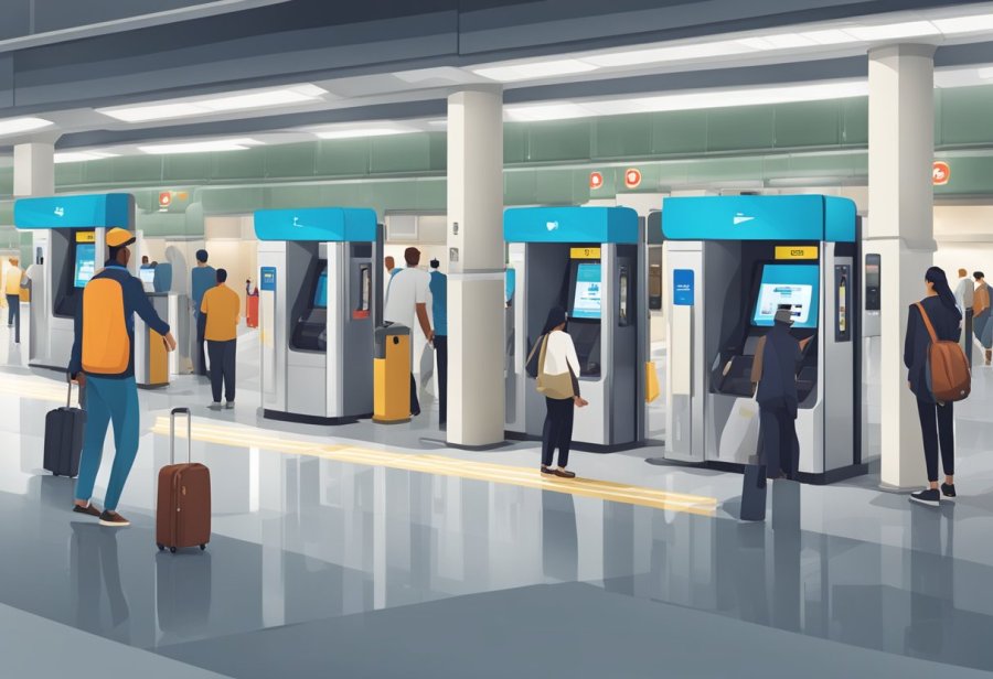 Passengers queue at ticket machines, while others pass through fare gates at Al Khail metro station. Trains arrive and depart on the platform