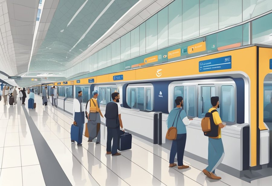 Passengers wait at Al Khail metro station, studying route maps and timetables. Trains arrive and depart, while staff assist travelers