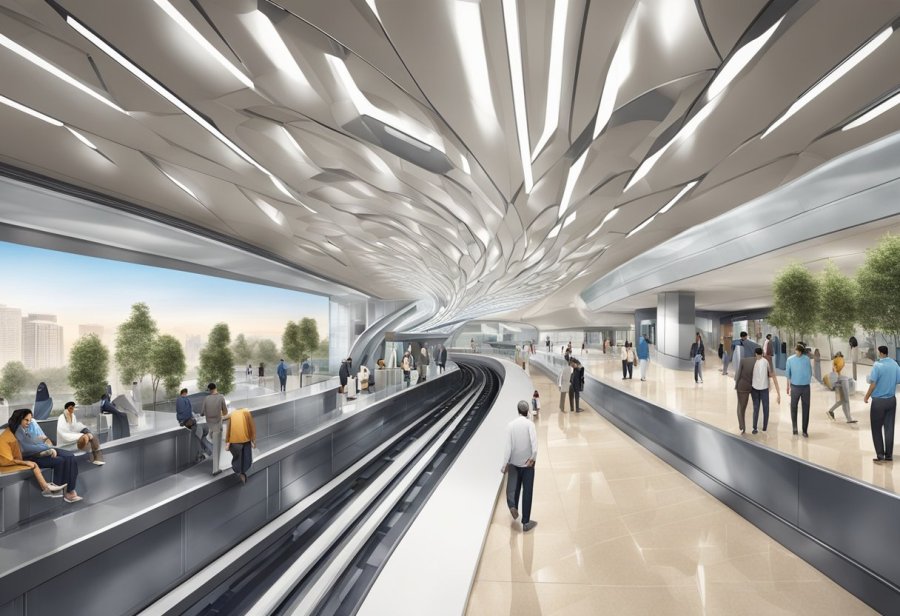 The Residential Communities Al Khail metro station bustles with commuters and features modern architecture and sleek design