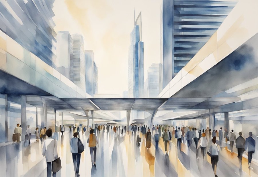 The Business Bay metro station bustles with commuters. The modern architecture and sleek design of the station stand out against the city skyline