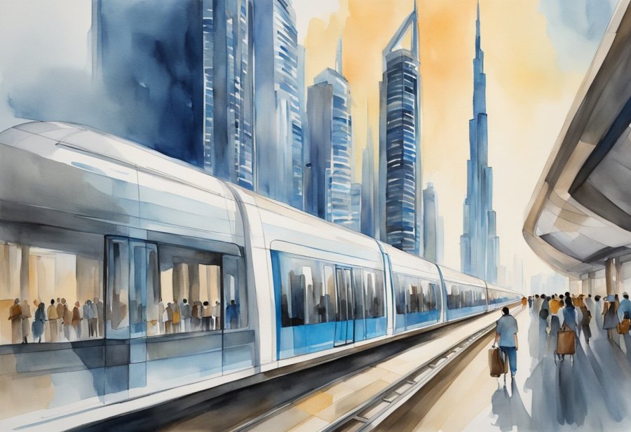 The Dubai Metro glides along elevated tracks, passing sleek modern buildings and shimmering skyscrapers, while passengers consult the metro guide for their next destination