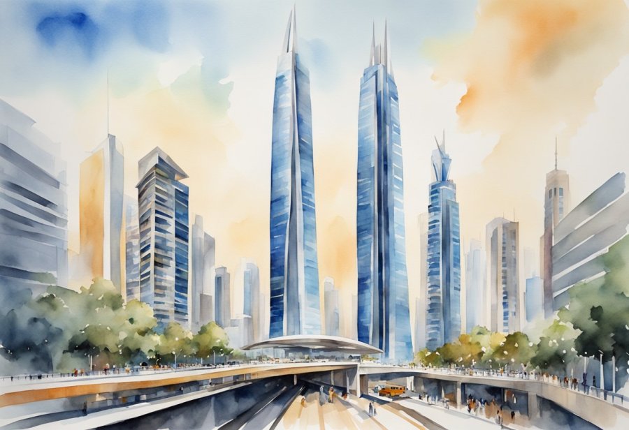 The Emirates Towers Metro Station stands tall amidst a bustling cityscape, with sleek, modern architecture and bustling crowds