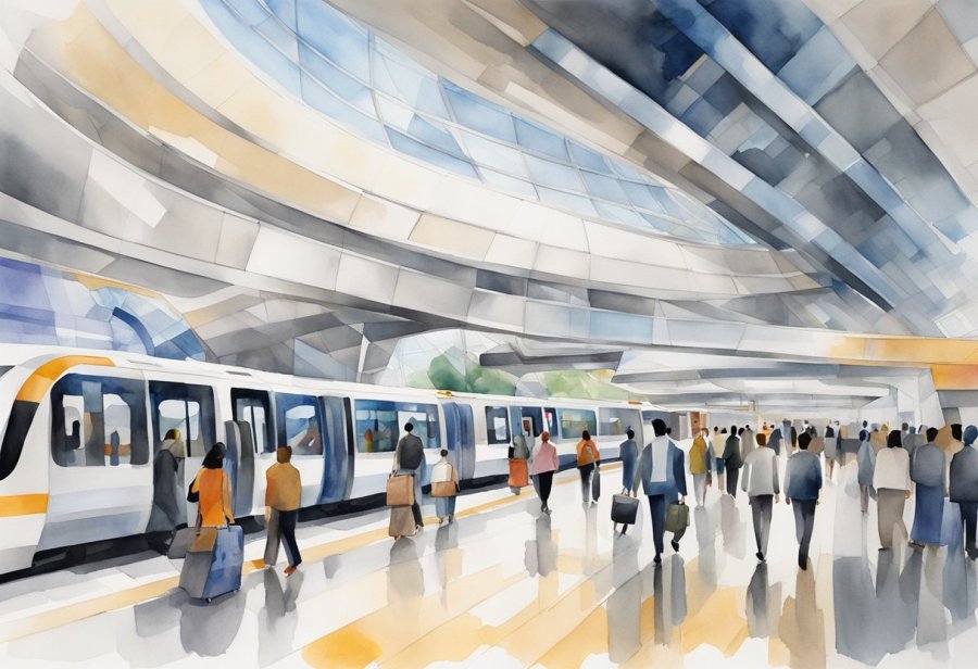 Emirates Towers Metro Station bustles with commuters. Trains arrive and depart, while passengers navigate ticket machines and escalators. The station is modern and sleek, with clean lines and a futuristic feel