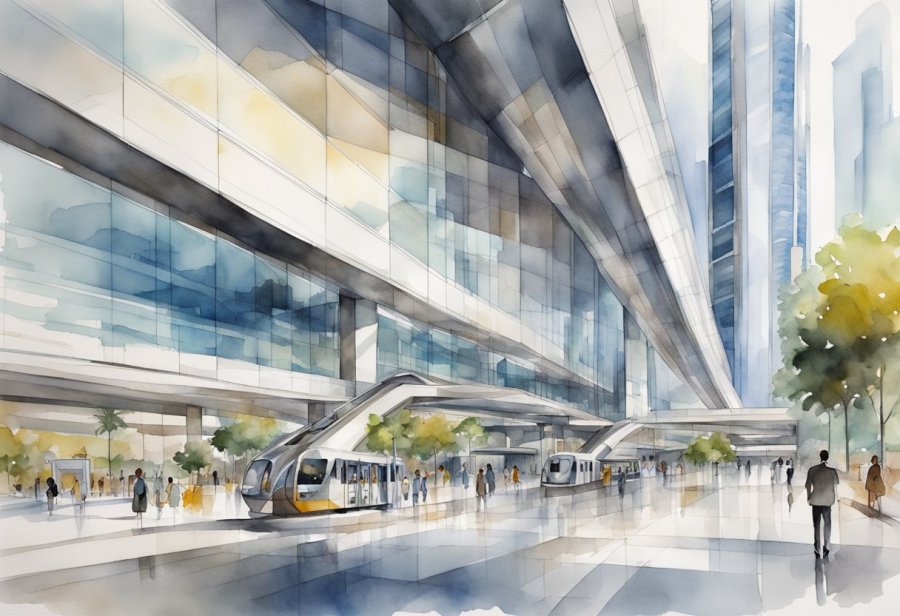 The Emirates Towers Metro Station features sleek, modern architecture with glass and steel elements, surrounded by bustling city streets and skyscrapers