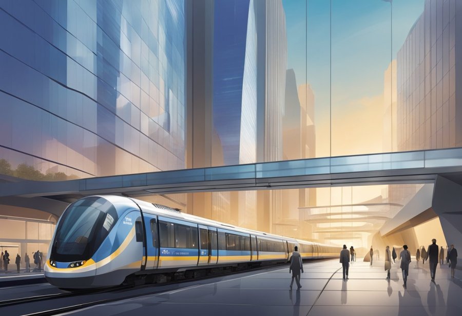 The futuristic World Trade Centre metro station features sleek architecture, glass panels, and modern signage. A train arrives as passengers wait on the platform
