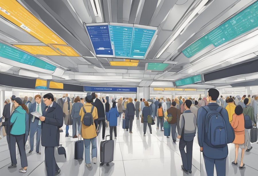 Busy commuters at World Trade Centre metro station, checking schedules and navigating the platform