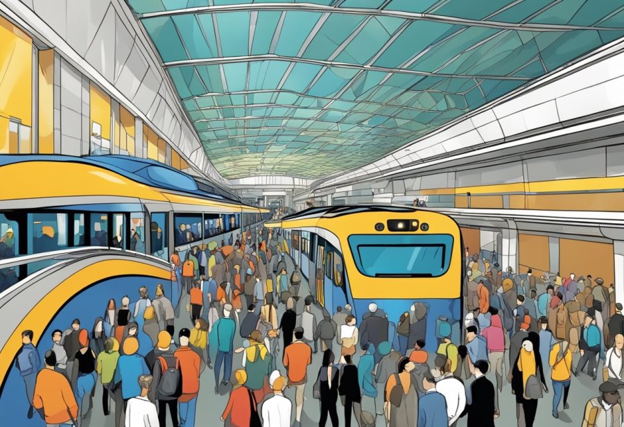 Crowds flow through the bustling Word Trade Centre metro station, with trains arriving and departing amidst the backdrop of major events and activities