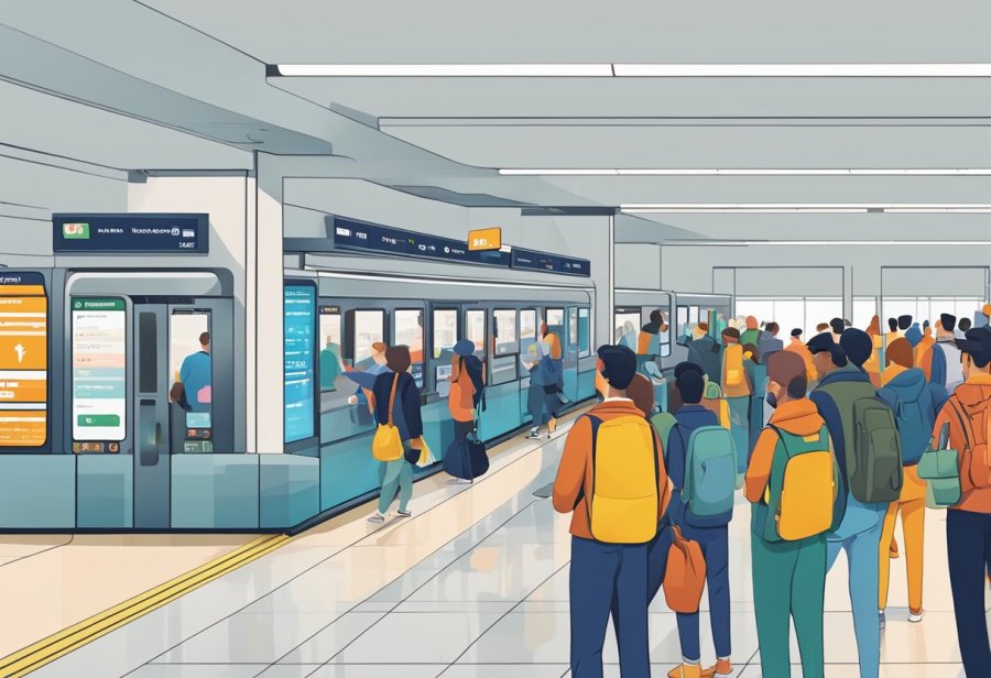 Passengers queue at the ticketing counter in a bustling metro station. Trains arrive and depart, while digital screens display schedules and fares
