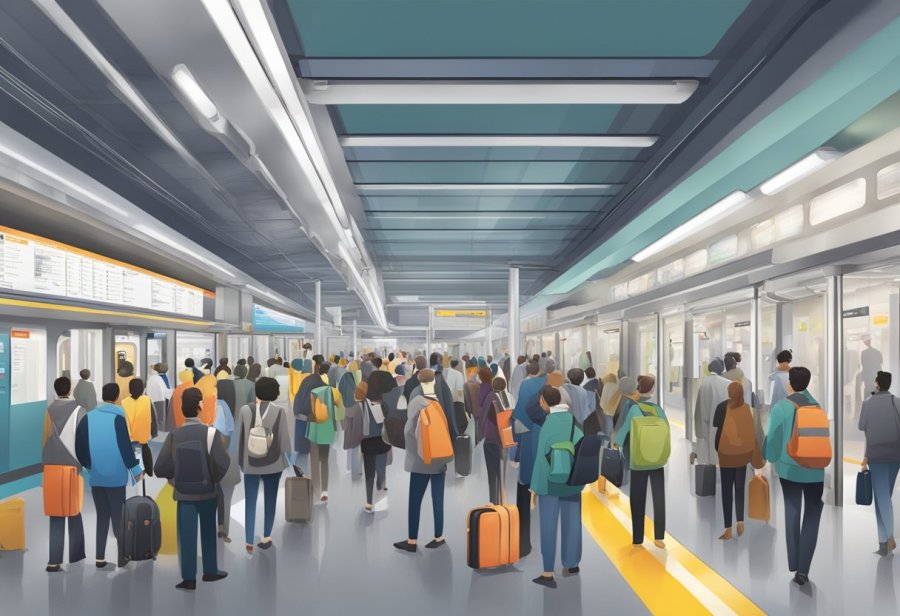 Regulations and Governance max metro station: A bustling platform with commuters waiting, signs displaying rules, and staff monitoring operations