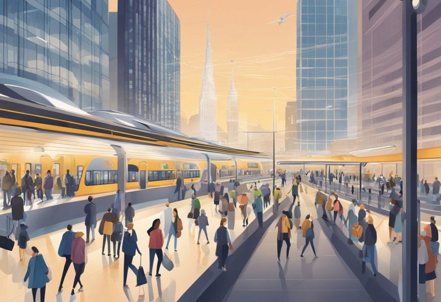 The bustling metro station buzzes with interconnectivity. People flow through wide, accessible pathways, while trains come and go, linking the city together