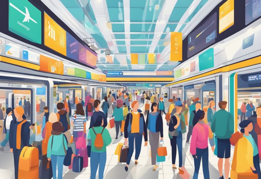 Busy metro station with shops and people browsing. Bright lights and colorful signs. Escalators and ticket machines. bustling with activity