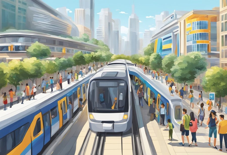 The bustling Max metro station with tourists and locals, colorful signs, and busy trains