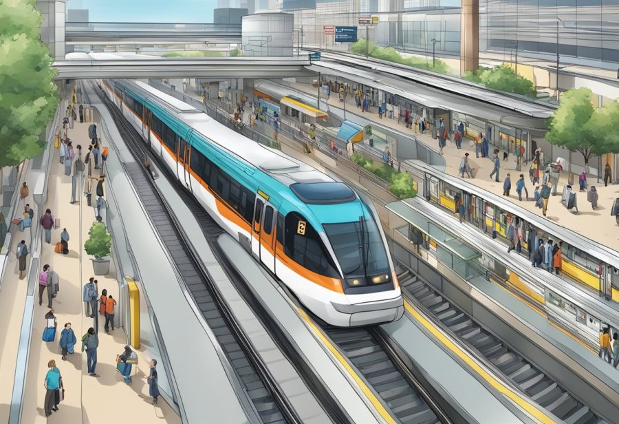 The bustling Max Metro Station with trains, platforms, and commuters
