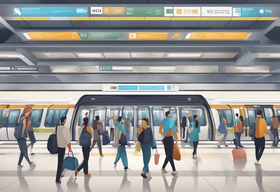 The bustling adcb metro station with trains arriving and departing, passengers waiting and rushing, and the station's modern architecture and signage