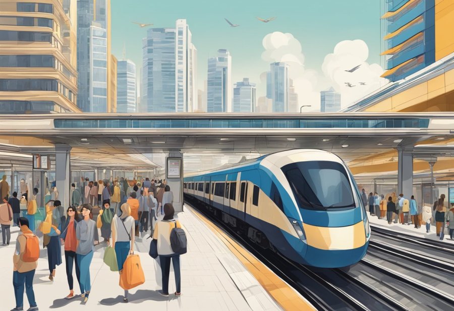 The bustling adcb metro station is surrounded by nearby attractions, with crowds of people coming and going, and the sound of trains arriving and departing