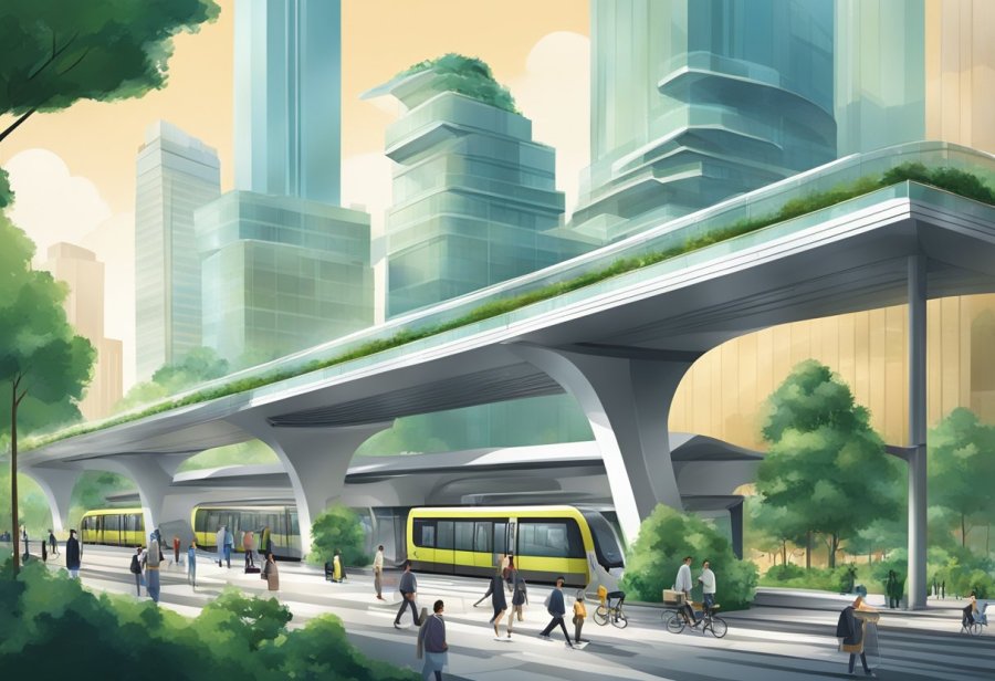 The bustling Emirates Metro station with commuters entering and exiting trains, surrounded by modern architecture and vibrant advertising displays