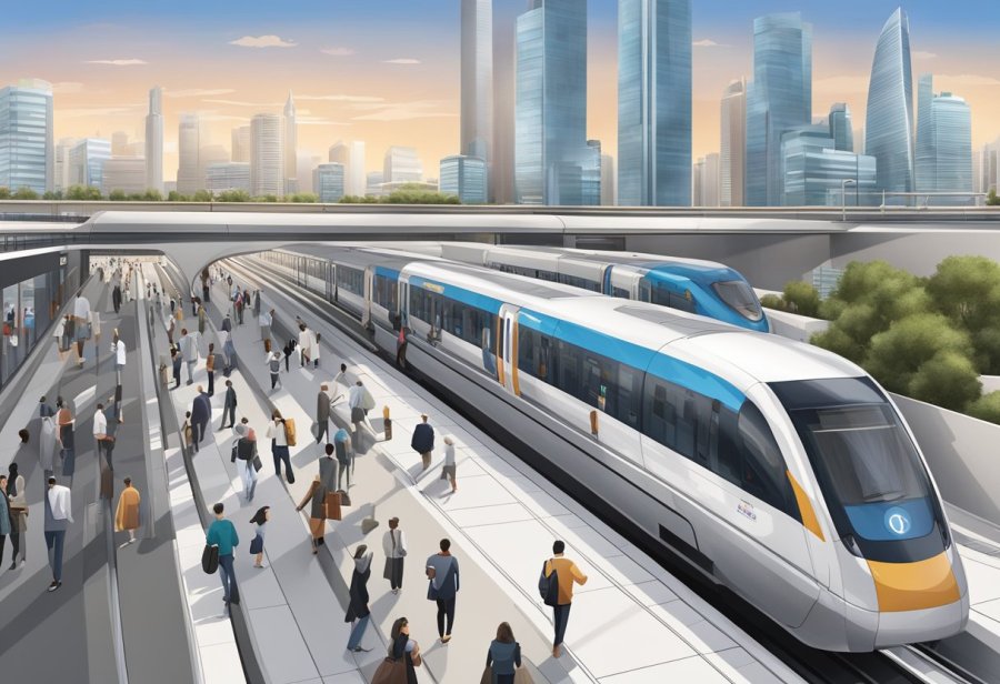 The Emirates metro station is bustling with commuters, with trains arriving and departing against a backdrop of modern architecture and sleek signage