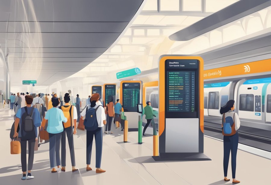 Busy metro station with digital screens displaying train times. Passengers gather around ticket machines and information boards. City center Deira sign visible