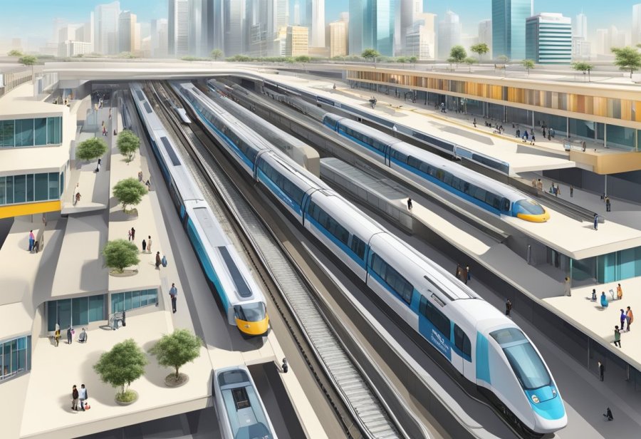 City centre Deira metro station bustling with commuters, trains arriving and departing, surrounded by modern buildings and busy streets